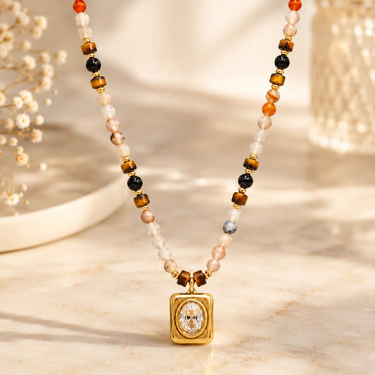 Earthtone Beaded Gold Pendant Necklace