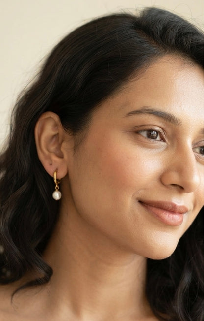 Pearl Drop Hoop Earrings