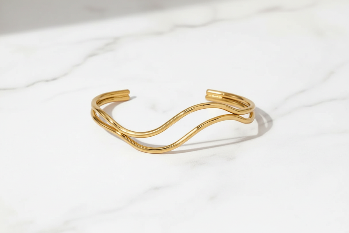 Double Wave Gold Cuff - Marble Flat Lay