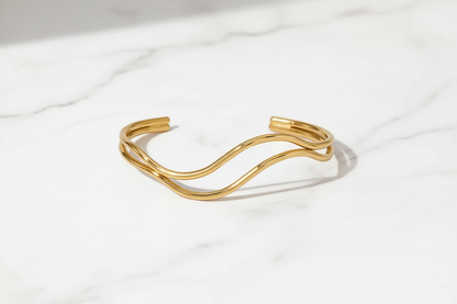 Double Wave Gold Cuff - Marble Flat Lay