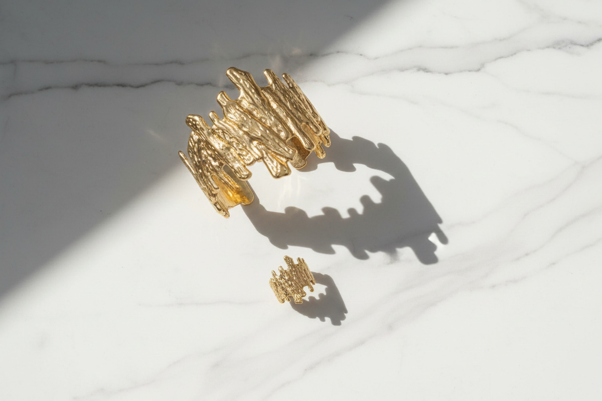 Gold Bark Cuff - Marble Flat Lay