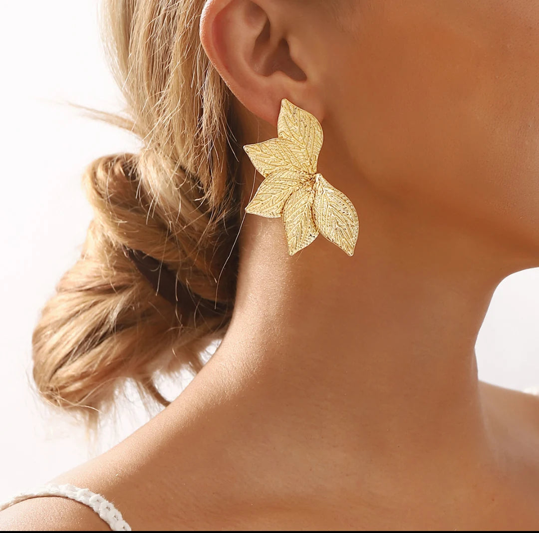Golden Botanical Leaf Statement Earring